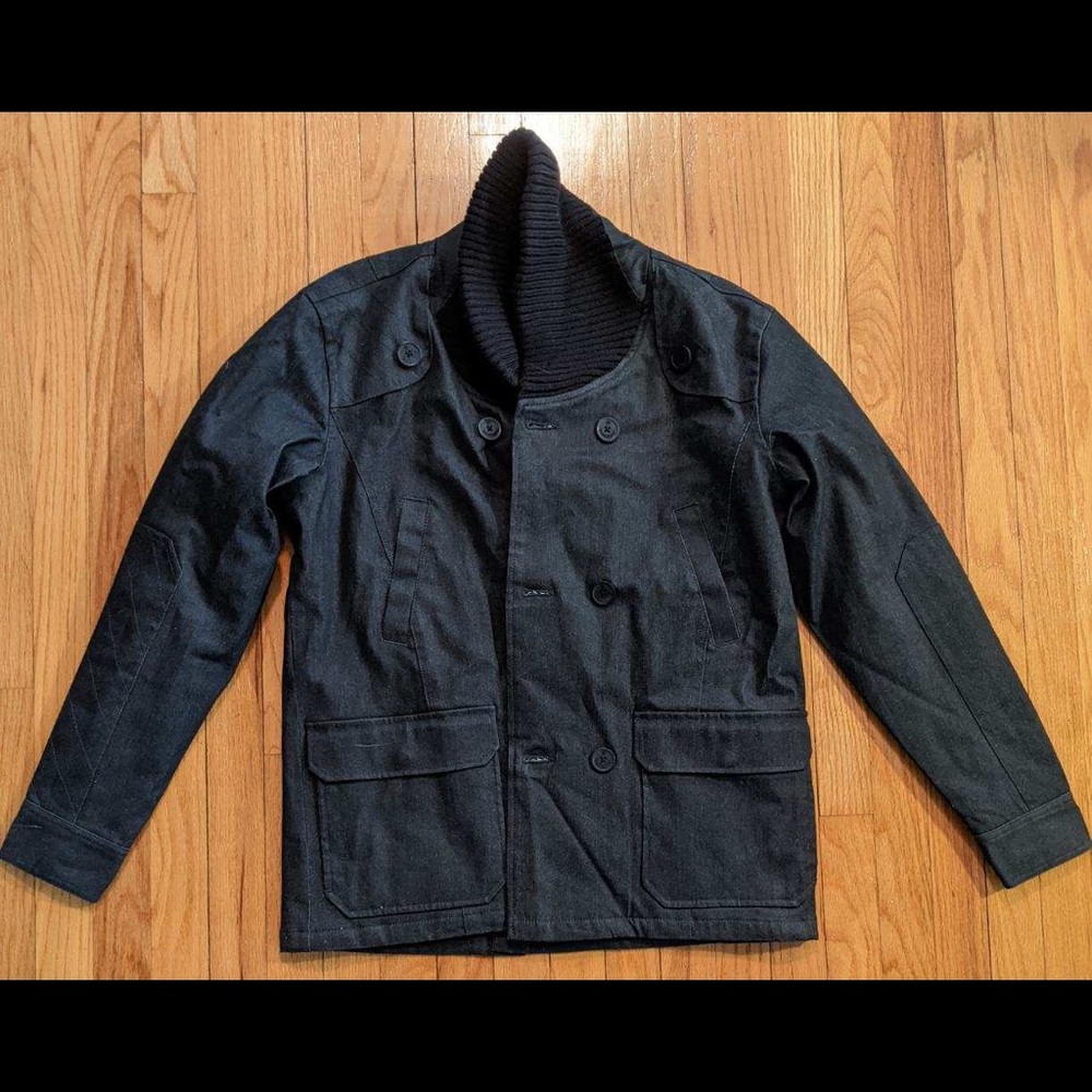 Men’s double breasted black denim jacket